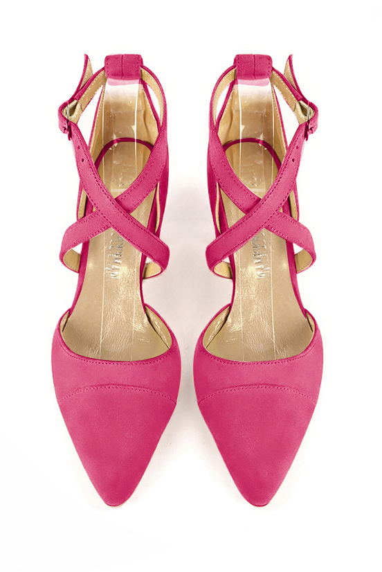 Fuschia pink women's open side shoes, with crossed straps. Tapered toe. High slim heel. Top view - Florence KOOIJMAN